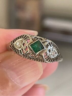 Antique Art Deco 18k Emerald Glass and Diamond Ring